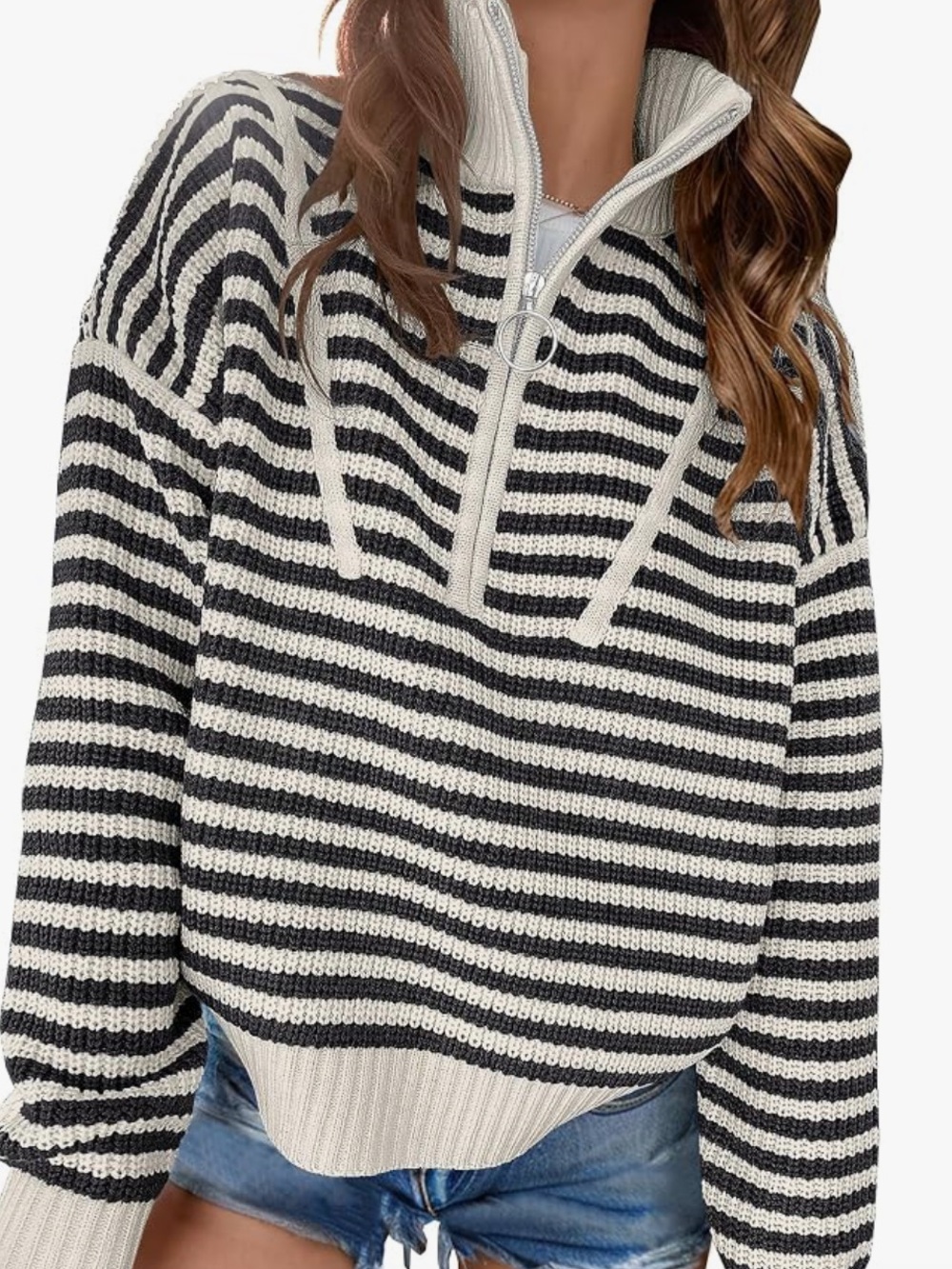 Striped Half-Zip Cowl Sweater - Black & Cream🚌